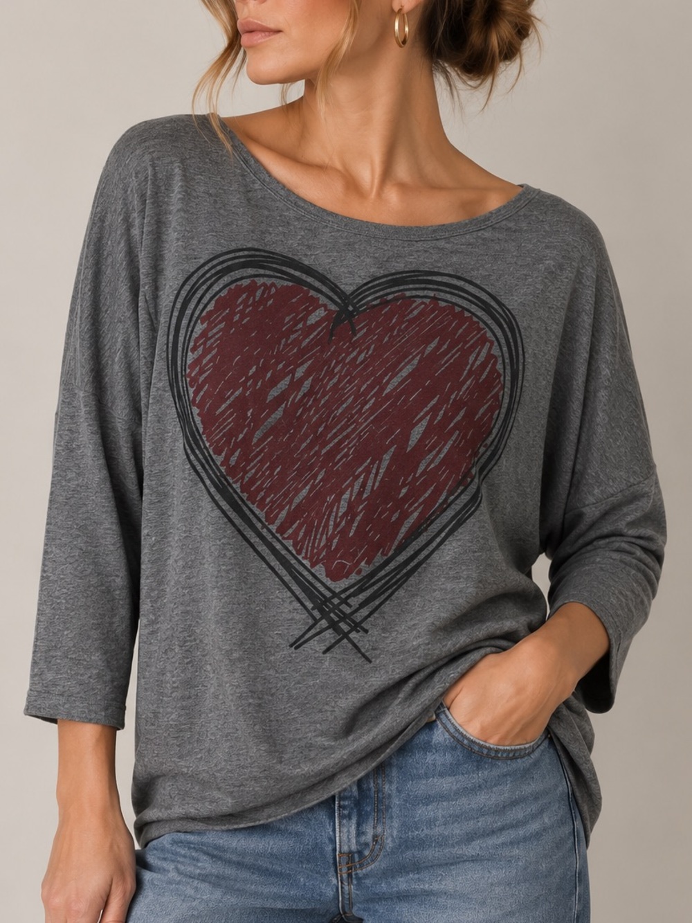 GO Couture Gray Burgundy Heart Graphic Dolman Sleeve Top Size M NWOT